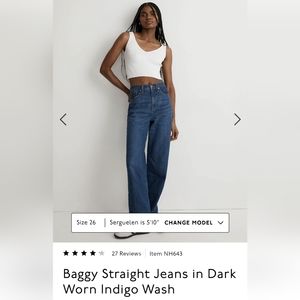 NWT Madewell Baggy Straight Jeans in Dark Indigo Wash